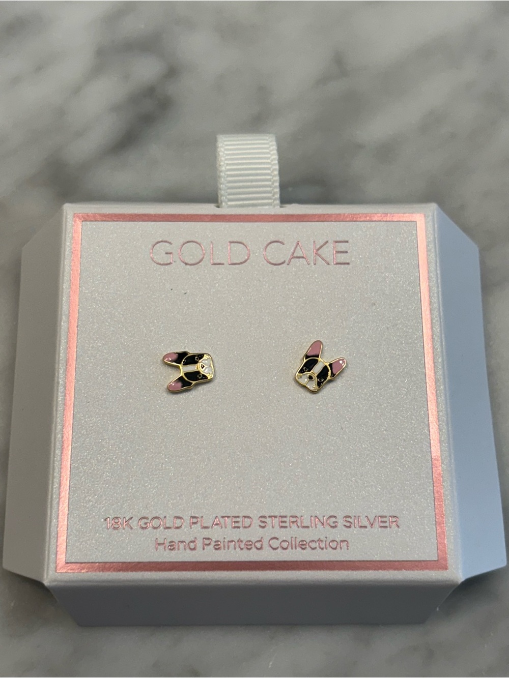 Gold Cake French Bulldog Stud Earrings - Black & Pink Enamel